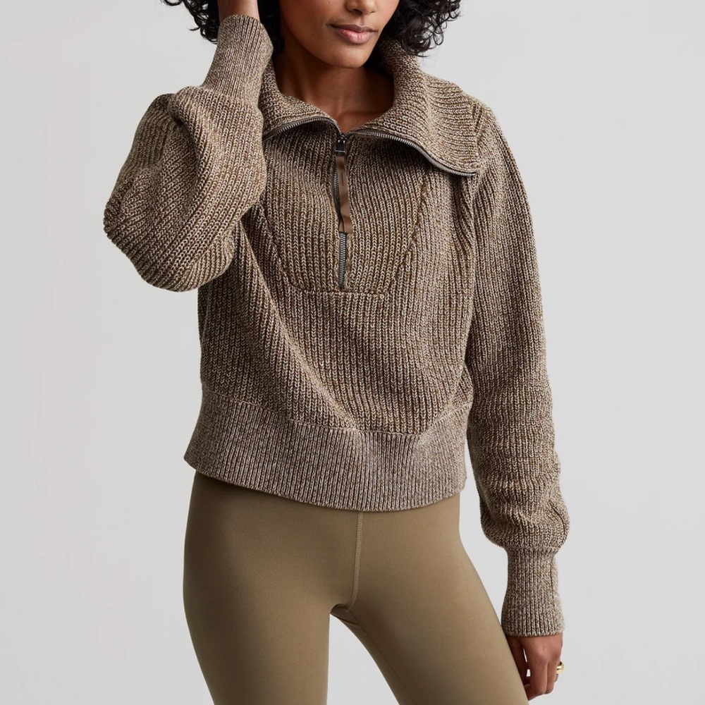 Varley Mentone Half-Zip Knit Pullover in Dark Olive Speckle